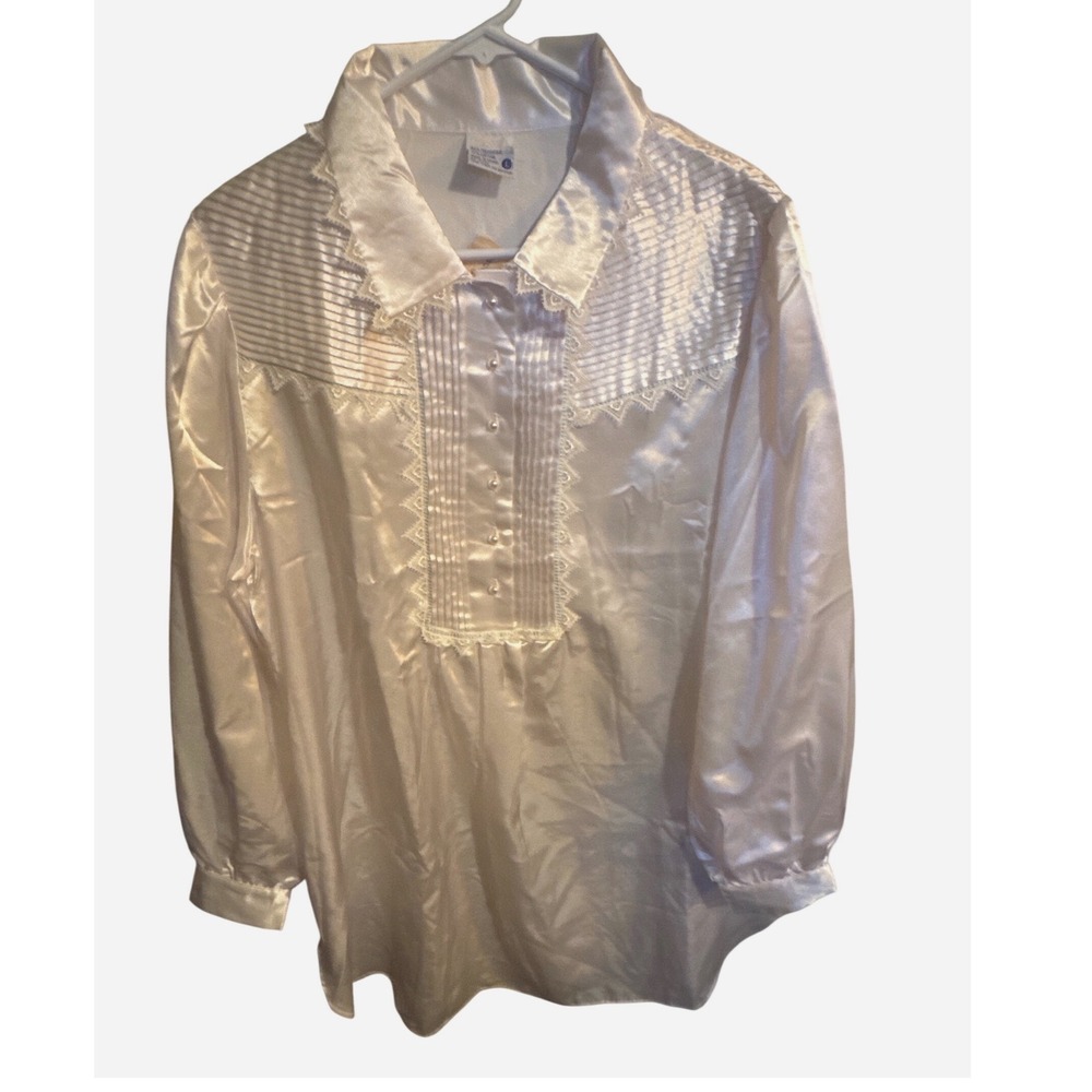 Vtg Lerner Brushback Satin Nightgown Pearl Button White Coquette Women's L NOS